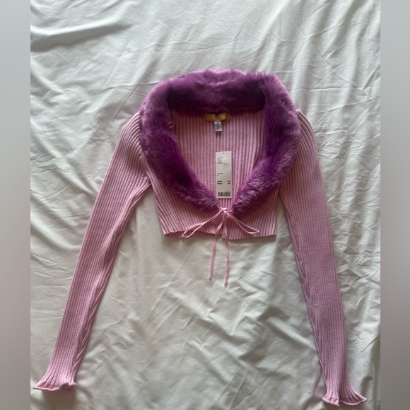 Urban Outfitters Sweaters - Urban Outfitters Small Pink Cardigan with Fur Collar